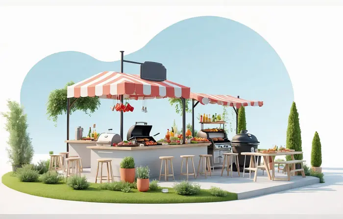 Street Cafe Concept with Restaurant 3D Design Artwork Illustration
